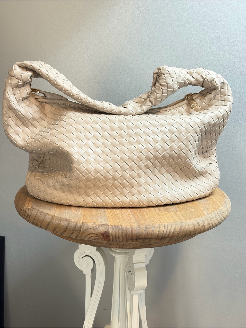 Melie Bianco Cream Woven Knot-Handle Shoulder Hobo Bag